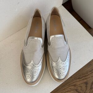 Hogan Silver Metallic & Beige Suede Wingtip Loafers